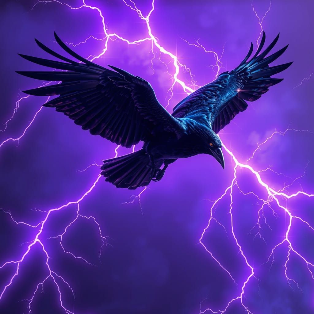 Majestic Raven Soars Through Electric Purple Skies
