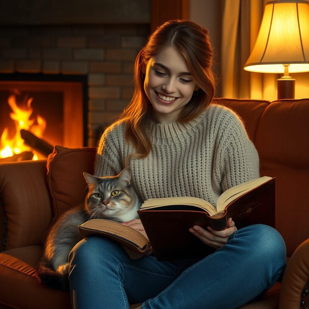 Cozy Reading Scene with Cat in Classic Painting Style