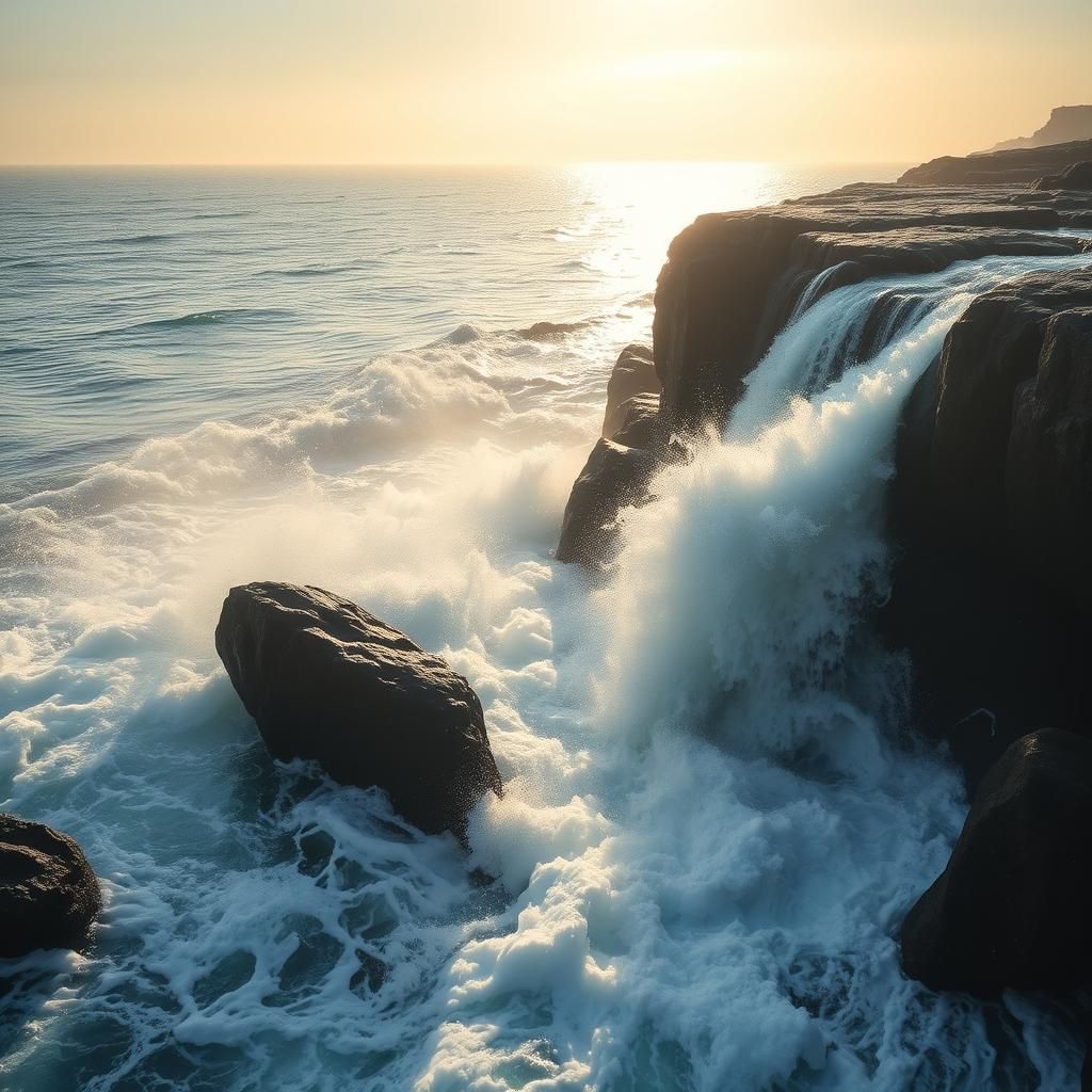 Epic Cliffside Waterfall with Sunlight and Rainbows