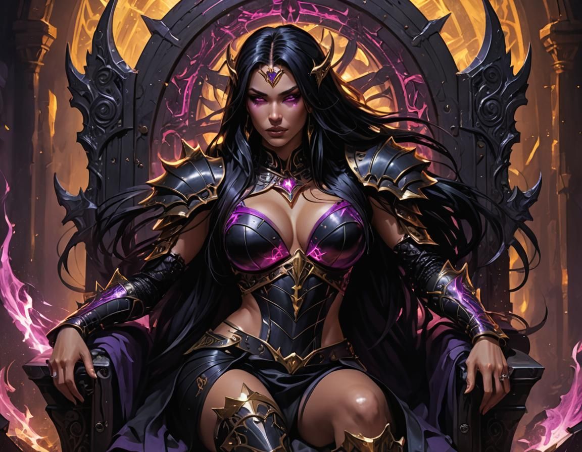 Dark Fantasy Woman on Throne with Glowing Eyes
