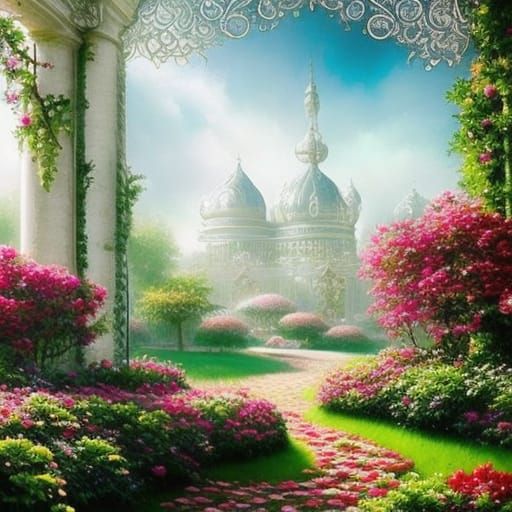 Enchanted Garden Path to Overgrown Ziggurat