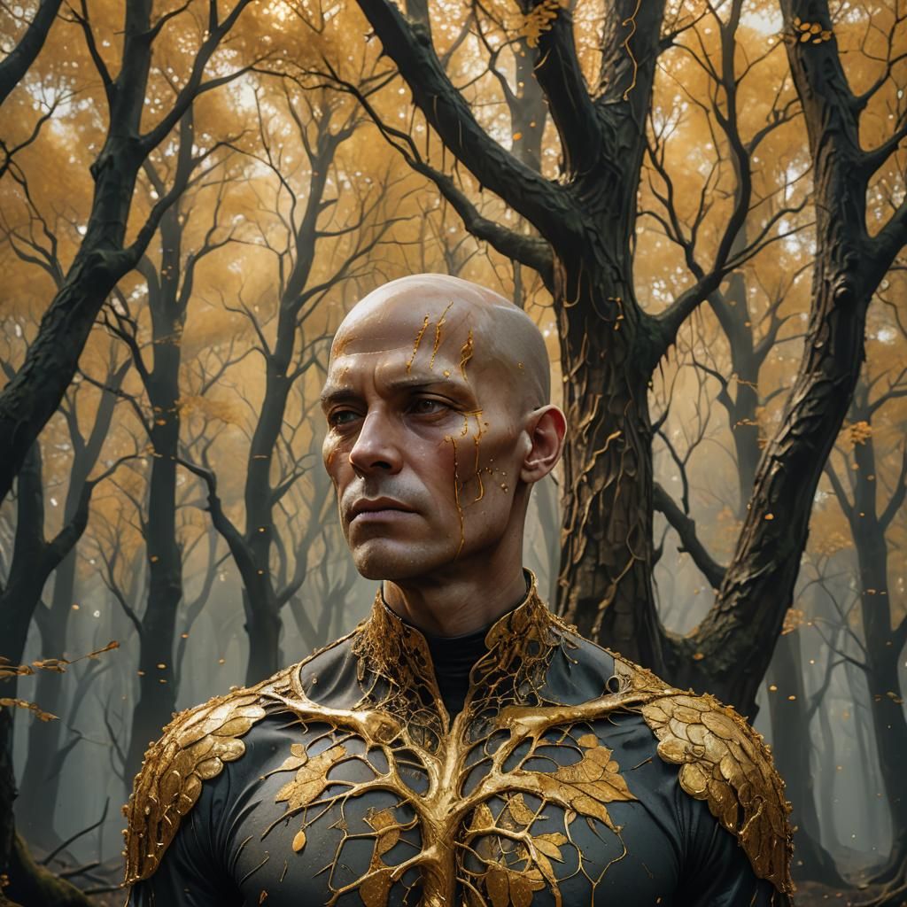 Honey-Covered Man in Golden Forest: Fantasy Art