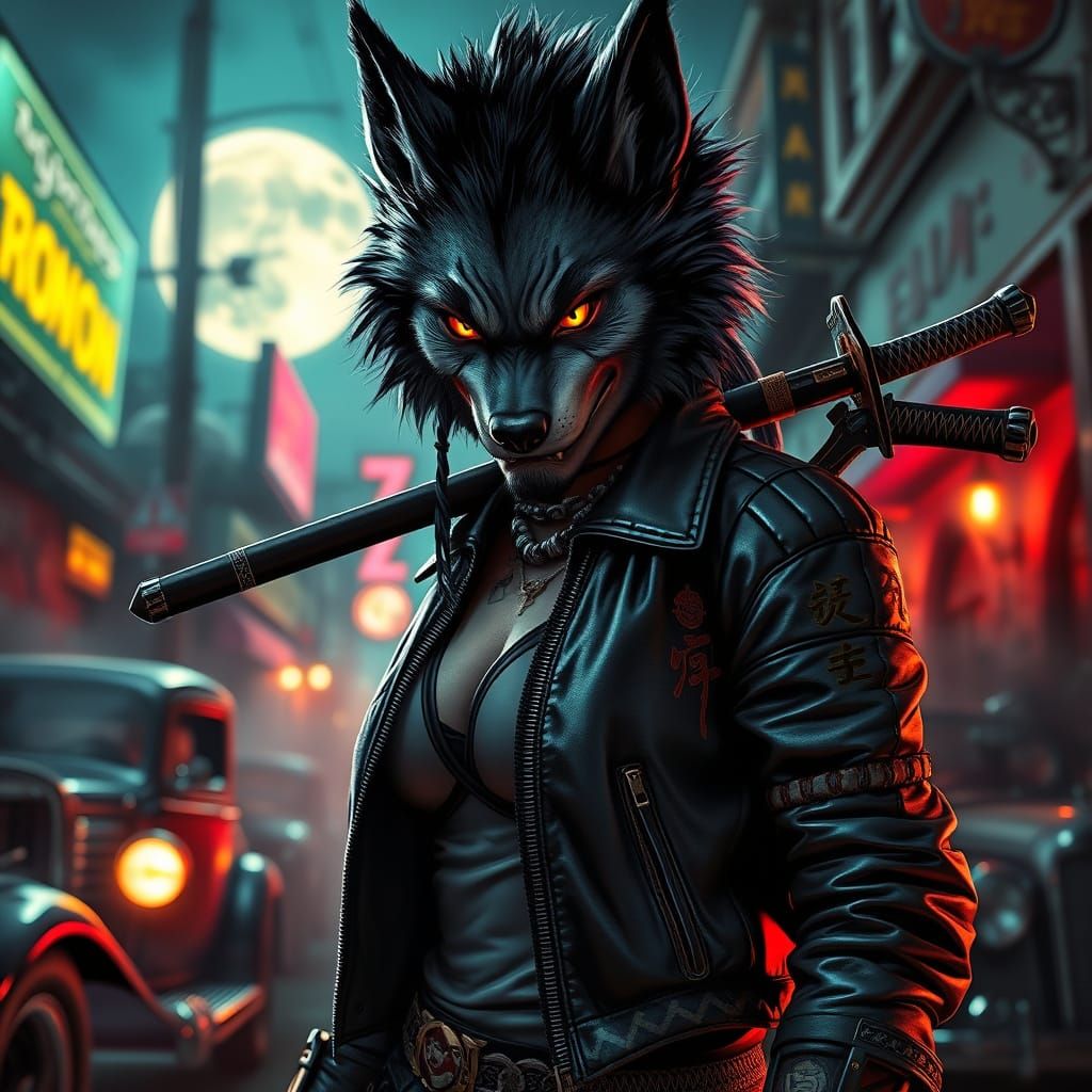 Werewolf Samurai in Neon Alley, Digital Art