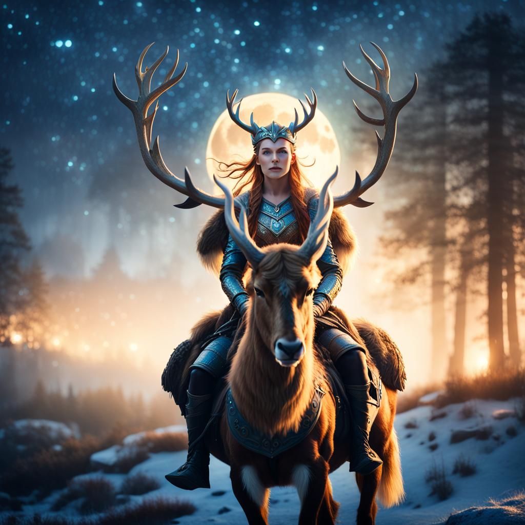 Celestial Viking Queen Rides Stag on Star Trail