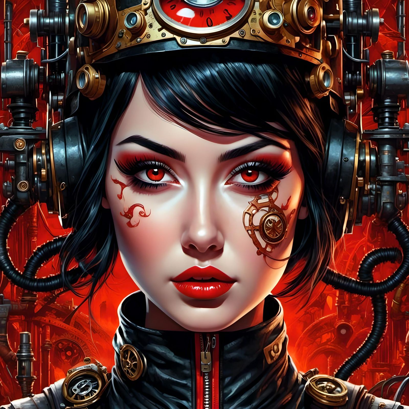 <lora:DaDaSteamPunk:1.0> closeup science fiction novella - short black hair - (glowing red eyes)  - space station <lora:...