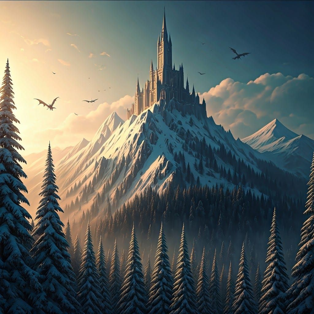 Majestic Mountain Castle in Winter Landscape