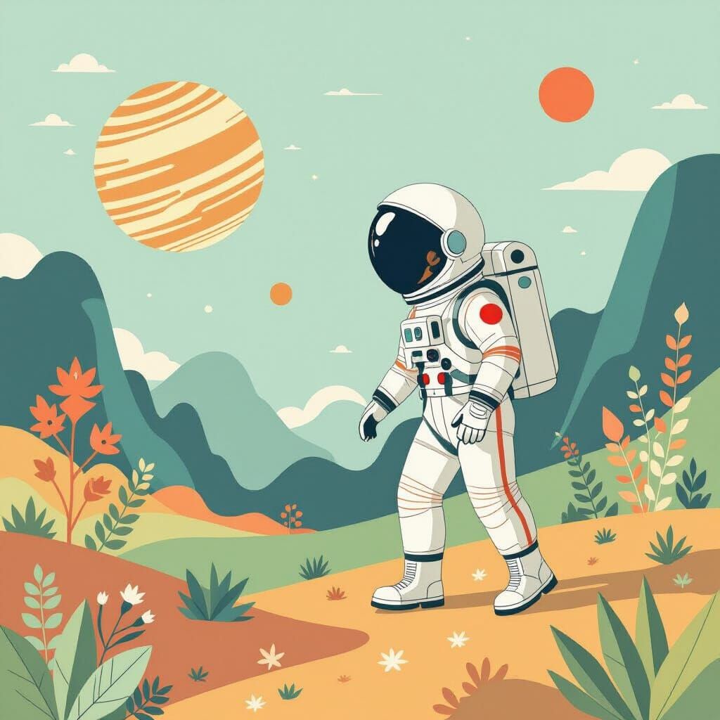 Origami Astronaut on Alien Planet Children's Book Style
