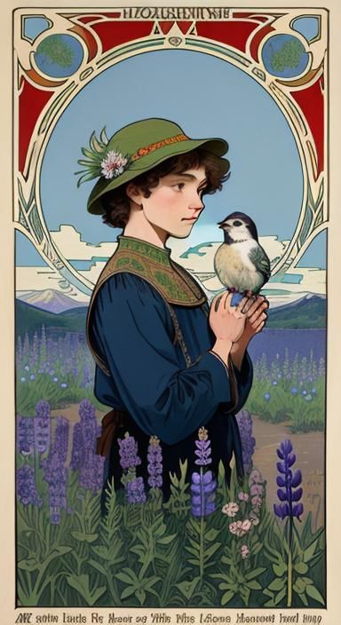 Alphonse Mucha Style Woodcut of Noah Kahan