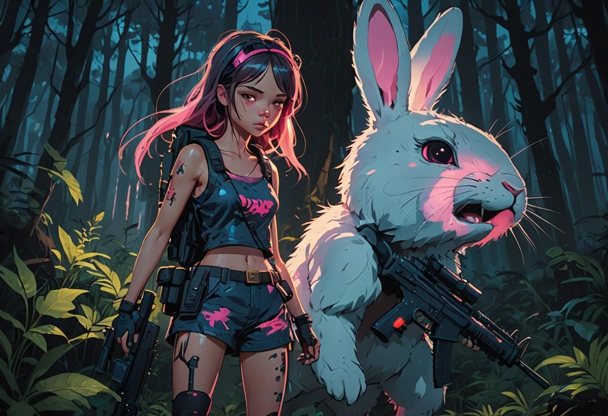 Savage Girl and Cartoon Bunny in Abstract Expressionism