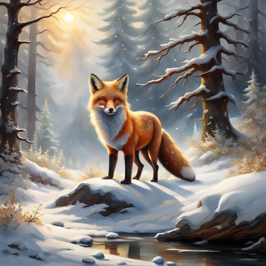 Fox in Snowy Forest Landscape: Oil Painting