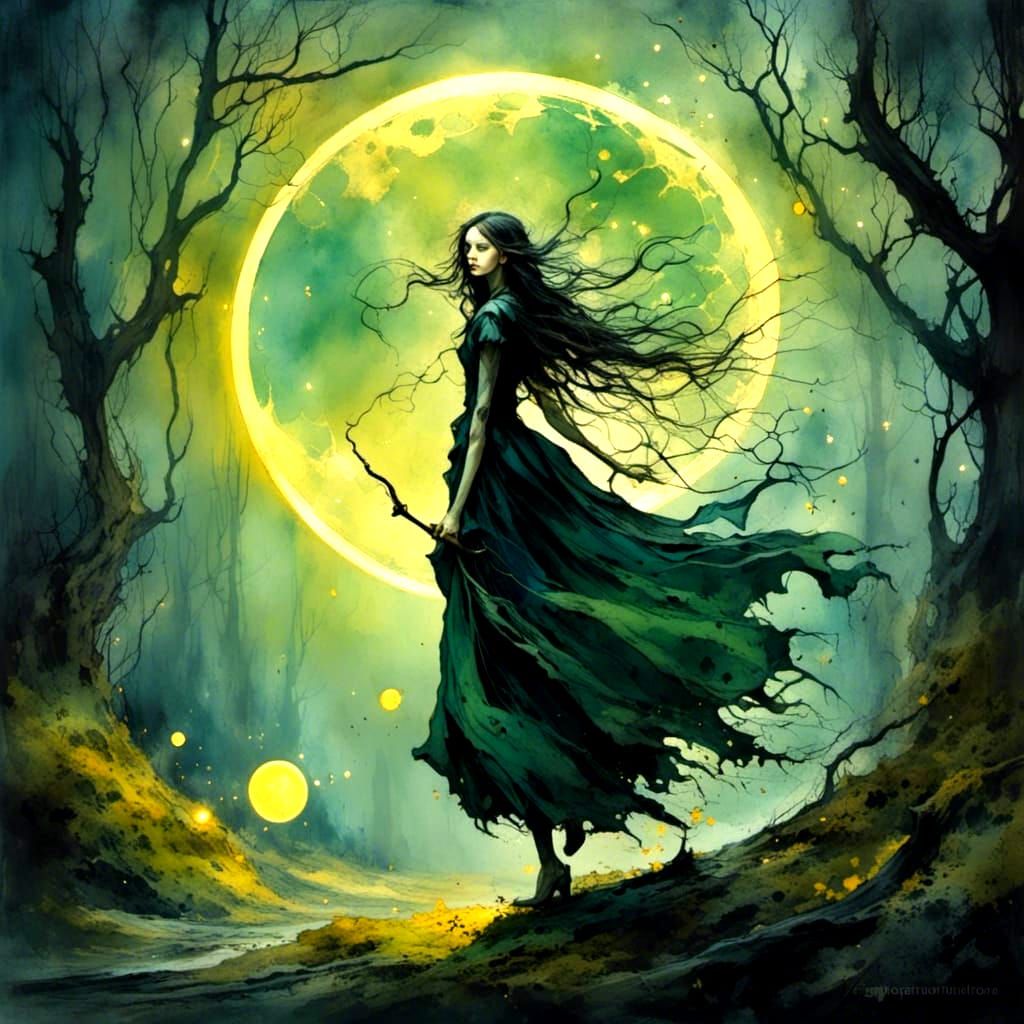 Magical Witch with Swirling Dust and Moon