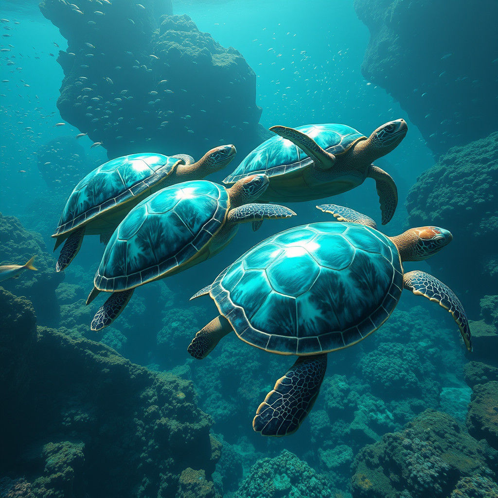 Iridescent Sea Turtles in Underwater Landscape