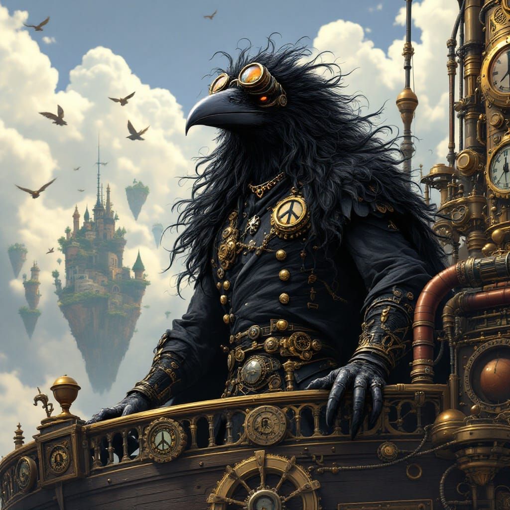 Steampunk Raven Airship Captain in Majestic Sky