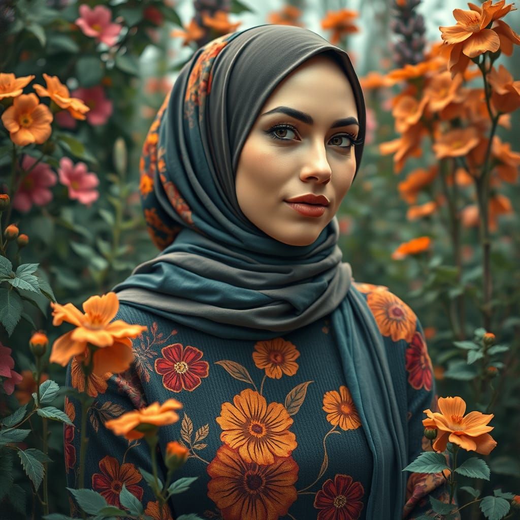 Impressionist Hijabi Beauty in Vibrant Floral Surroundings
