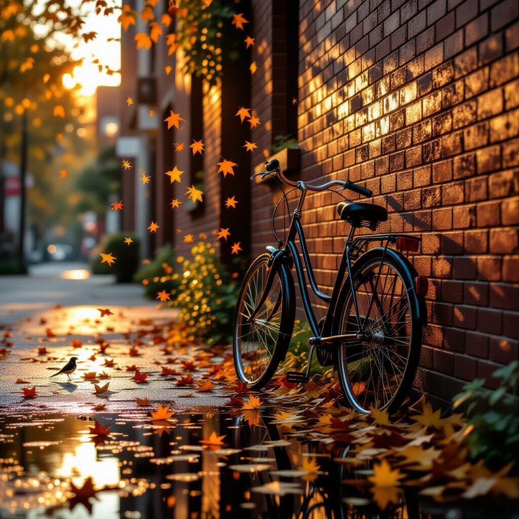Golden Hour Street Scene with Bicycle and Swirling Leaves