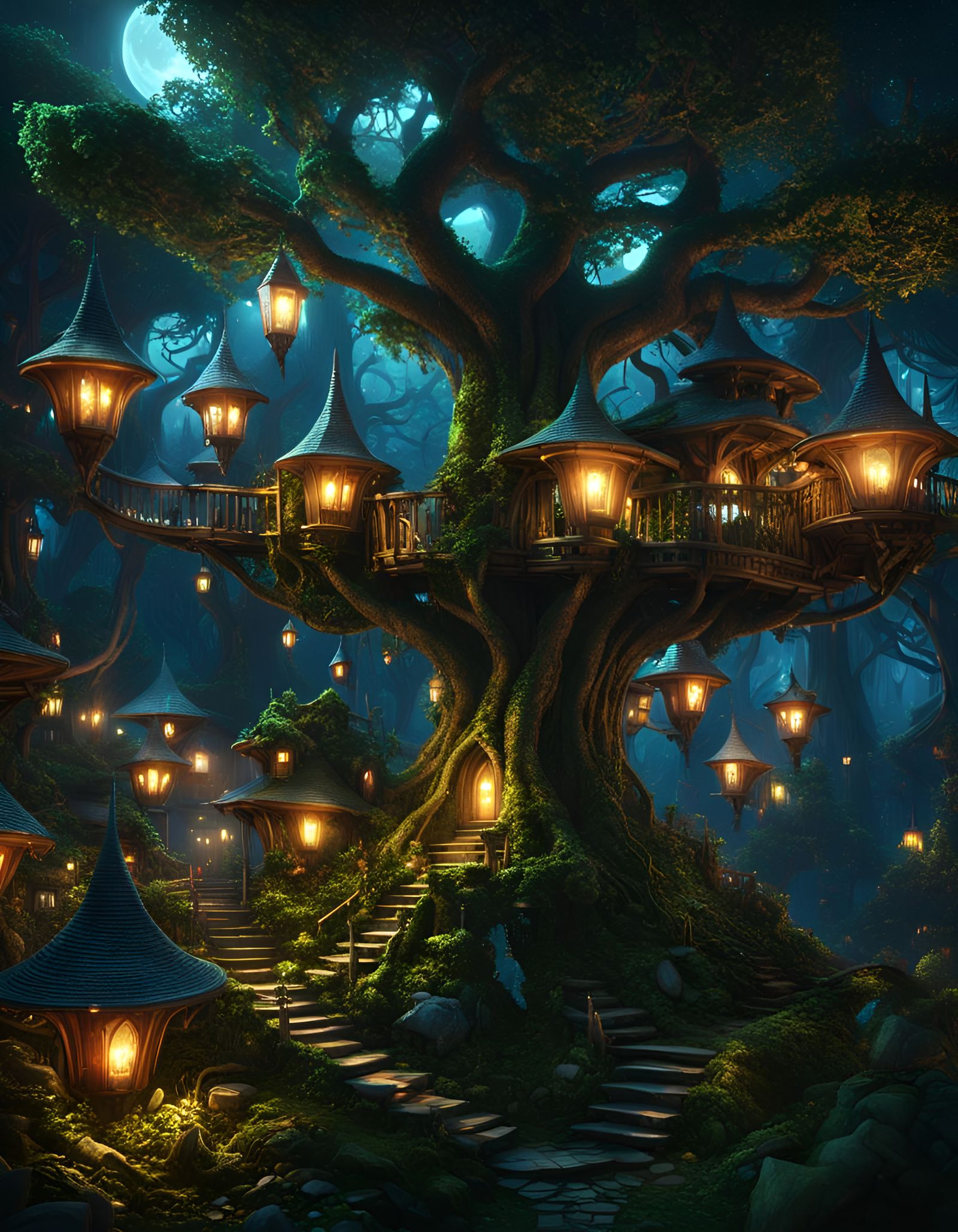 Glowing Goblincore Tree City at Night