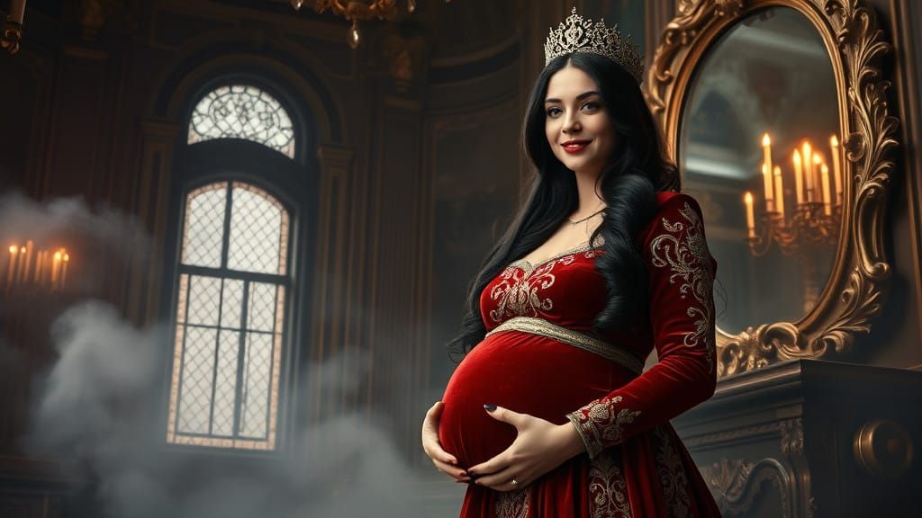 Regal Queen in Velvet Gown Adorns Mystical Chamber