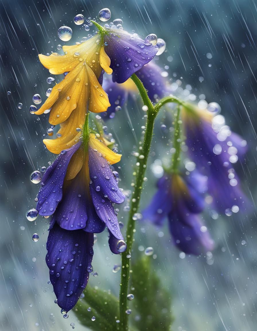 Aconitum Flowers in Rain: Hyperrealistic Digital Art
