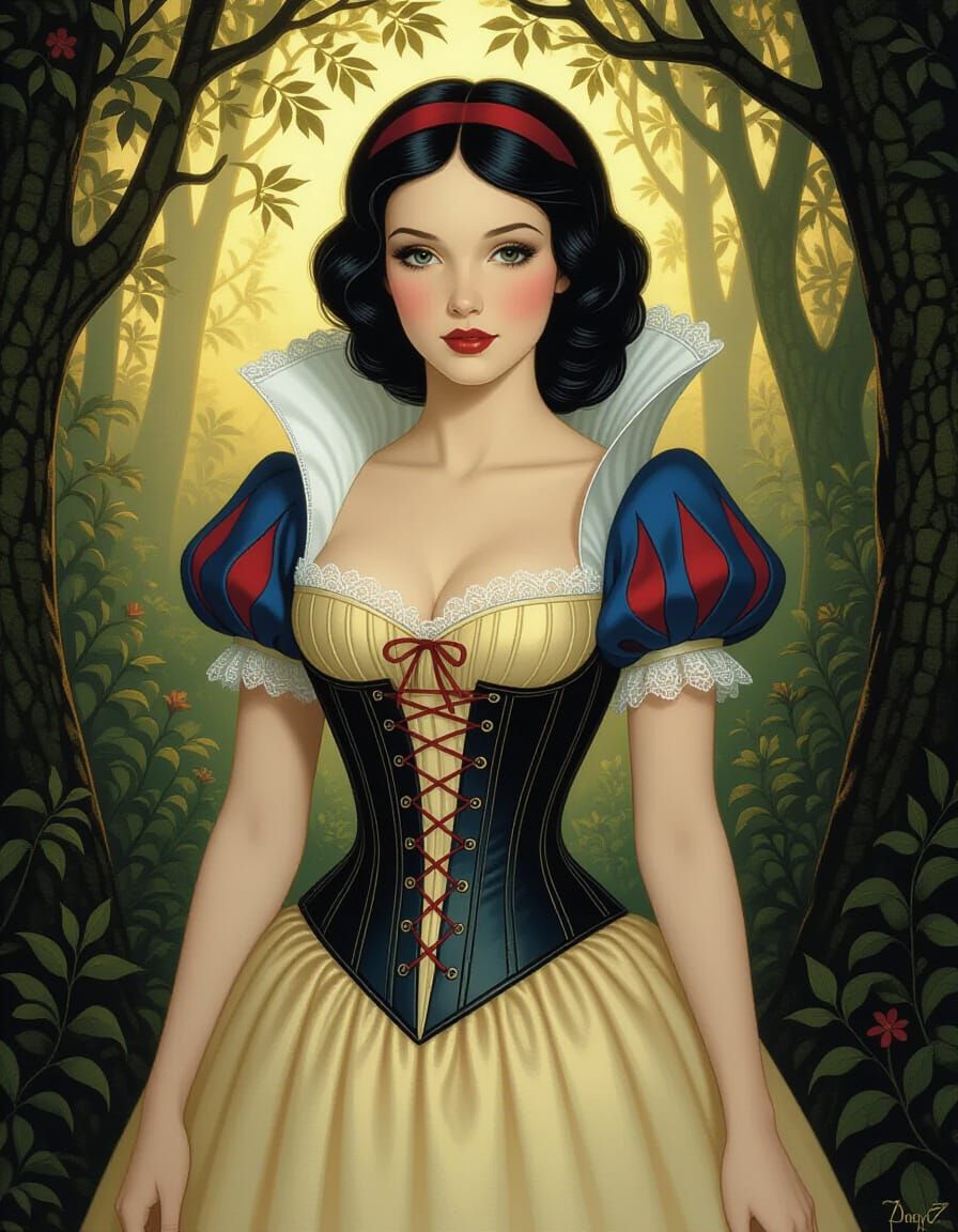 Snow White in Victorian Corset in Mystical Forest