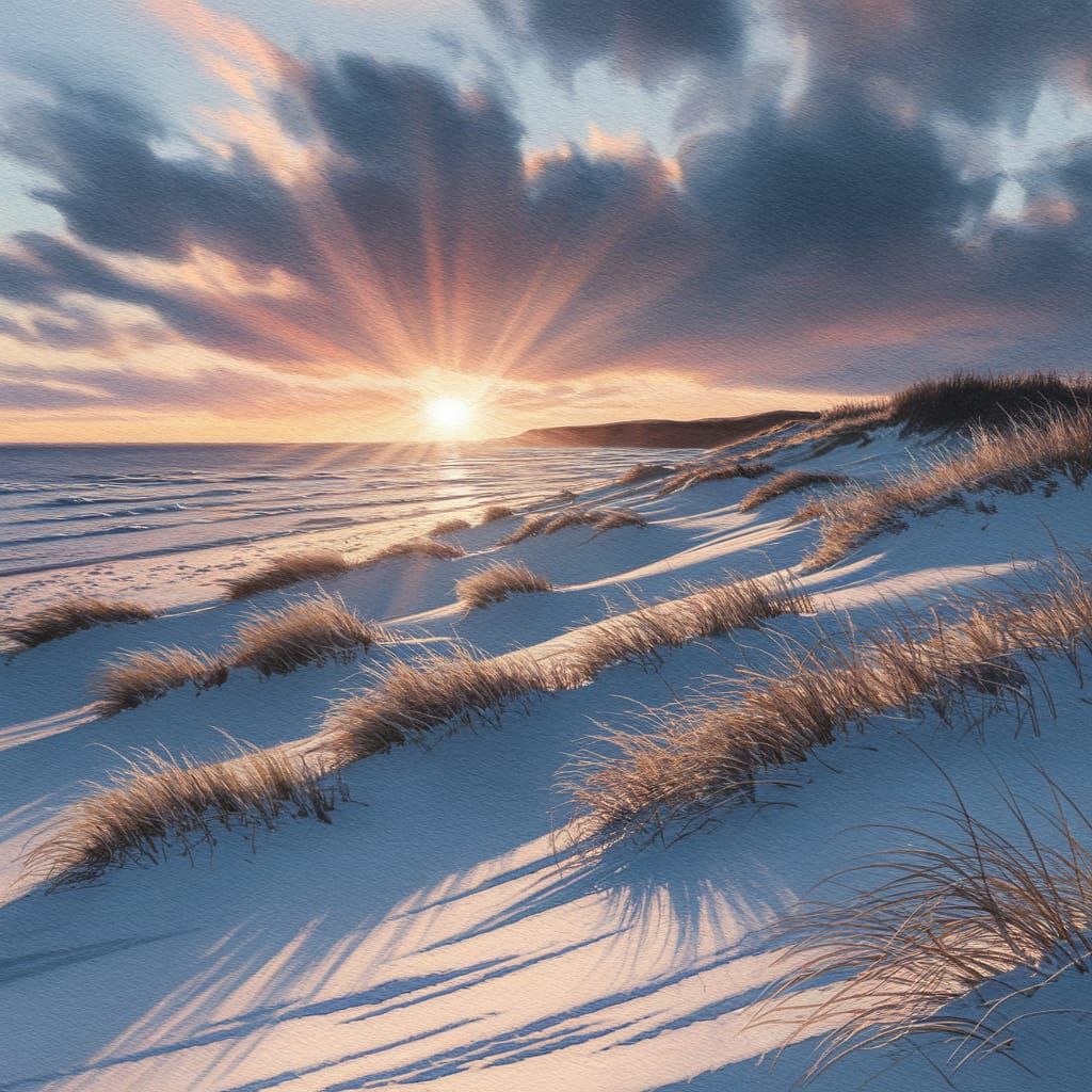 Winter Coastline Sunset: Pencil Sketch & Watercolor Art