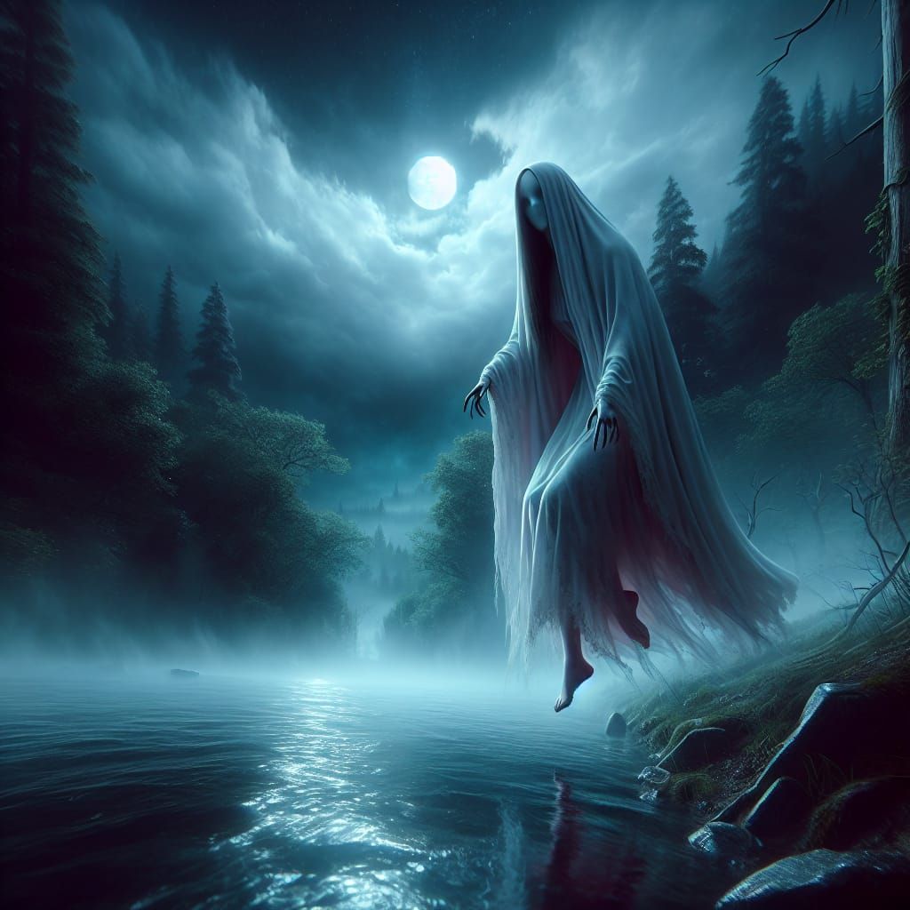 Spectral Woman Wanders Gloomy River in Foggy Night