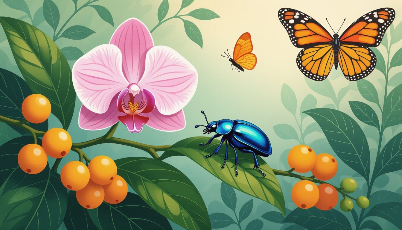 Nature's Symphony: Orchid, Beetle, and Fruit Illustration