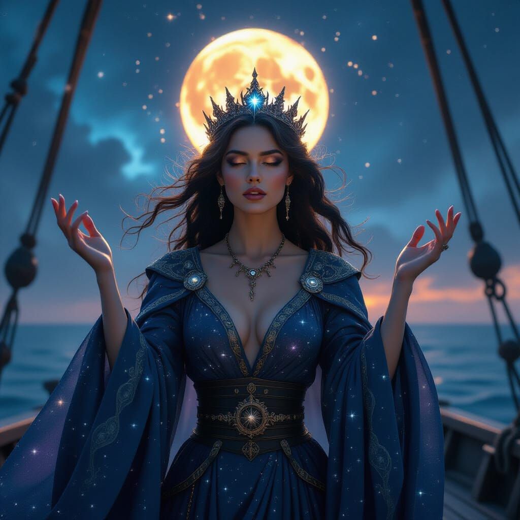 Celestial Sorceress on Star-Galleon in Cosmic Nebula