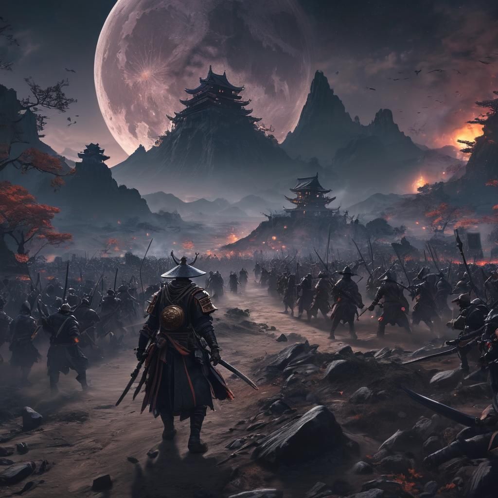 Samurai Warrior Confronts Witches on Battlefield