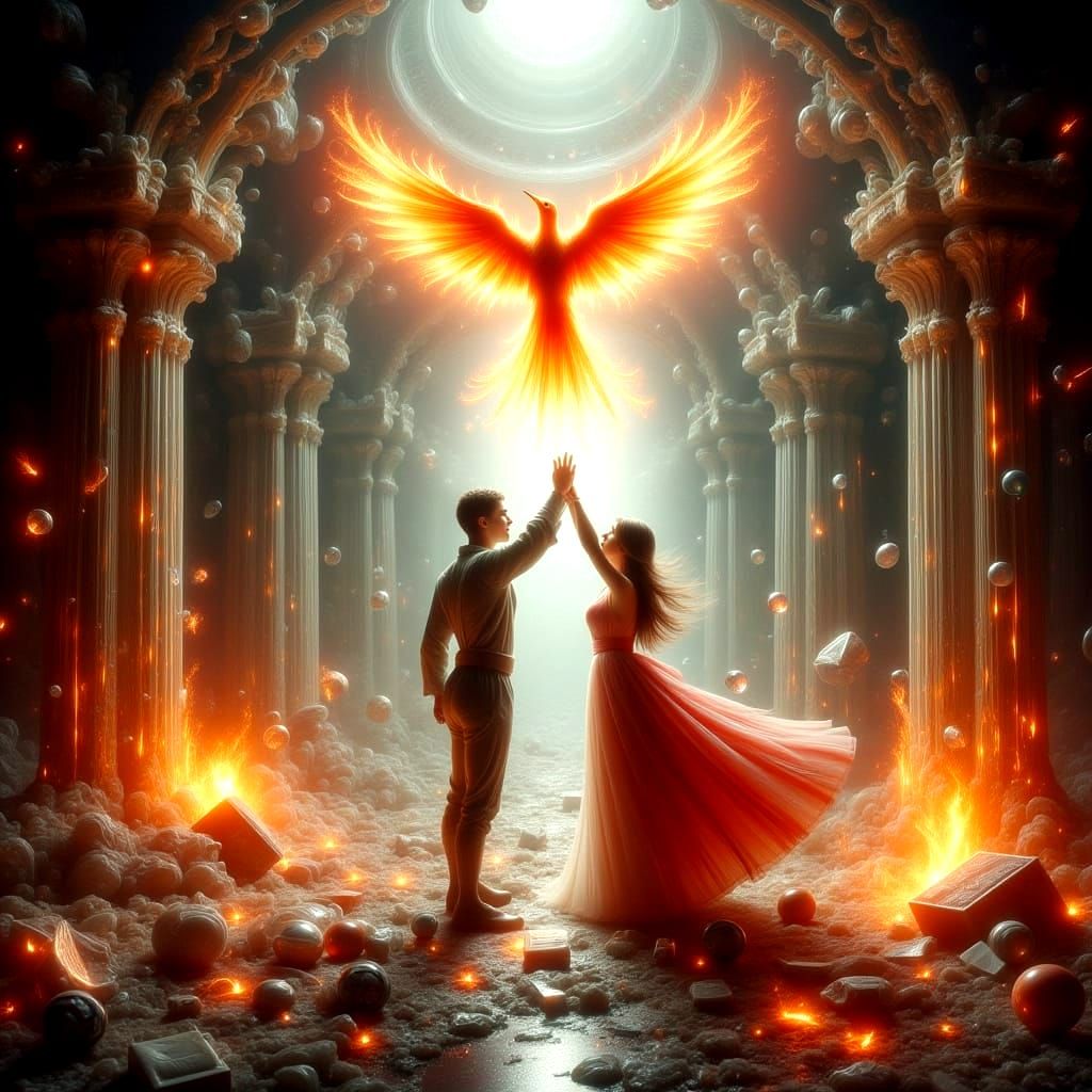 Enchanted Palace Collapse with Phoenix in Hyperrealism