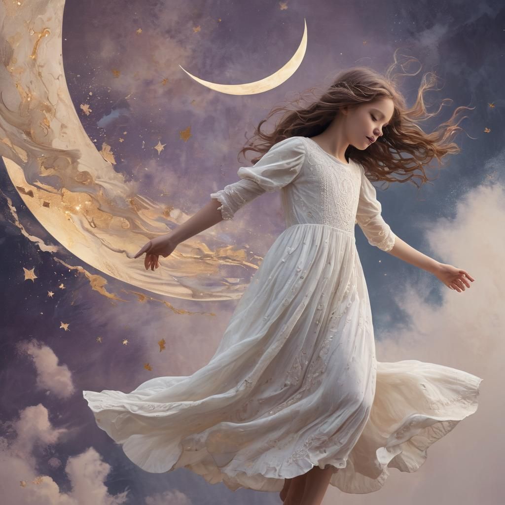 Girl Jumping on the Moon: Whimsical Fantasy Illustration
