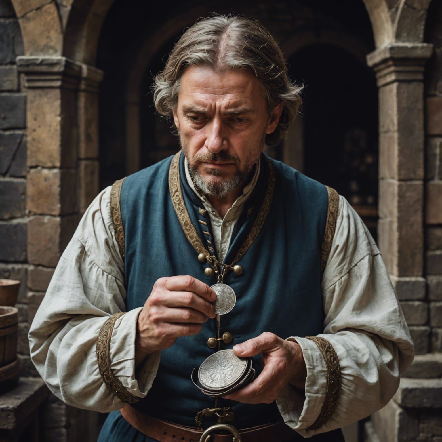 Upset Medieval Merchant with Empty Coin Purse