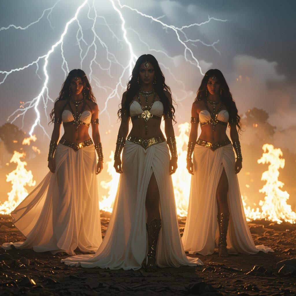 Triple Goddess Amidst Dramatic Lightning Flames