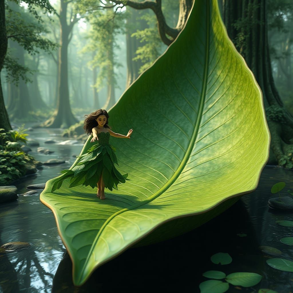 Miniature Dancer on a Giant Leaf Boat