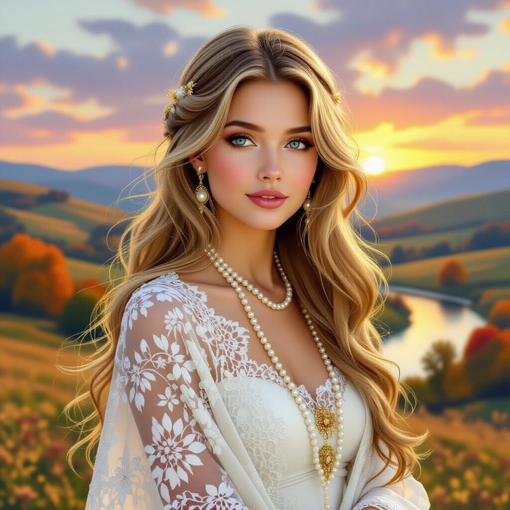 Dreamlike Woman in Autumn Landscape, Art Nouveau Style