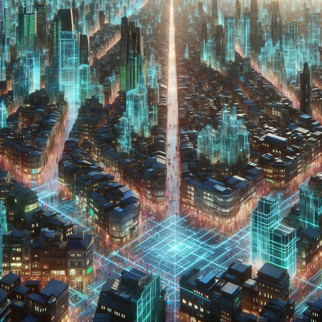 Tron-ified Cityscape with Neon and Holograms