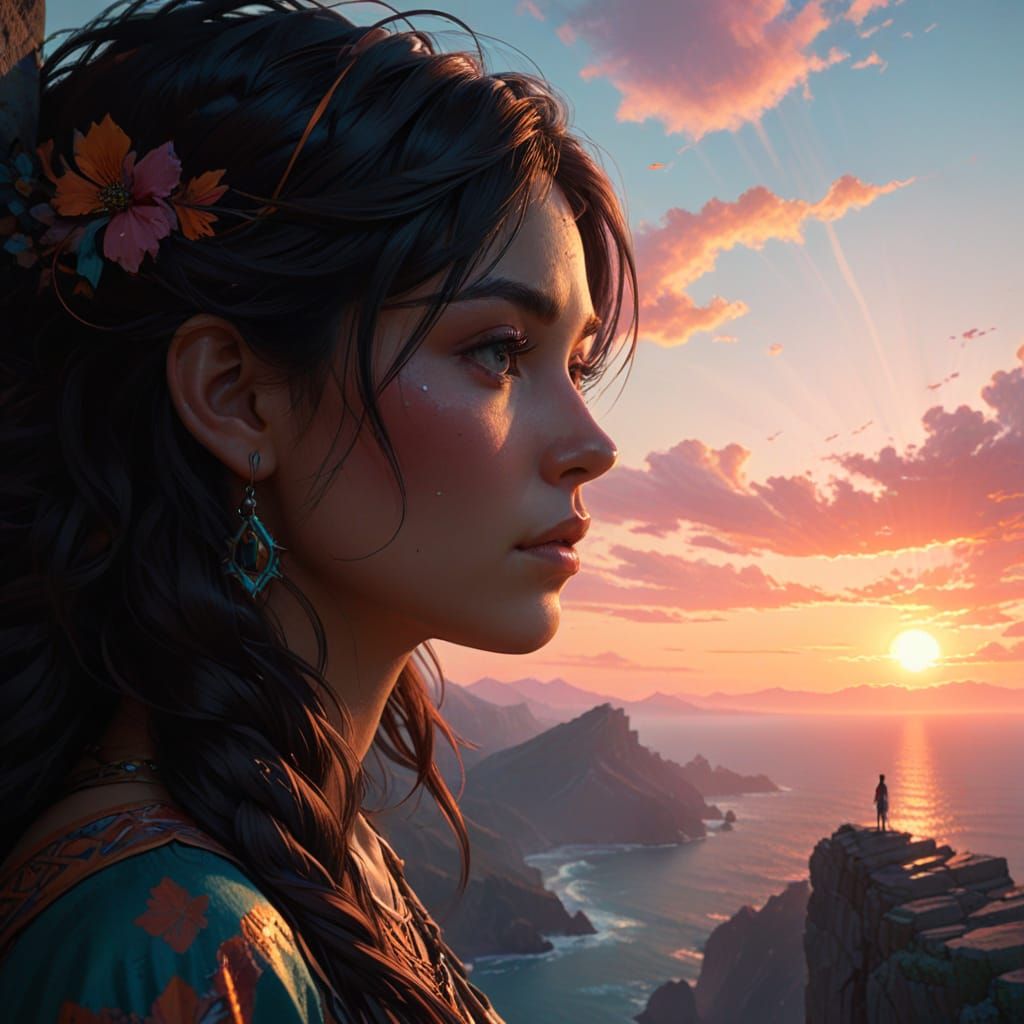 Wistful Sunset Goddess Gazing Over the Horizon