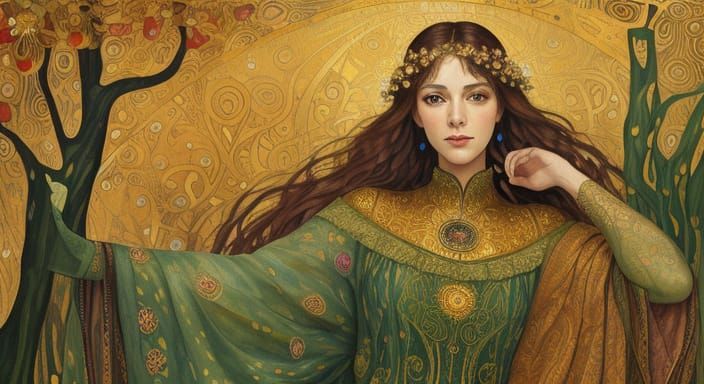 Art Nouveau Autumn Scene with Floral Patterns and Gold Accen...