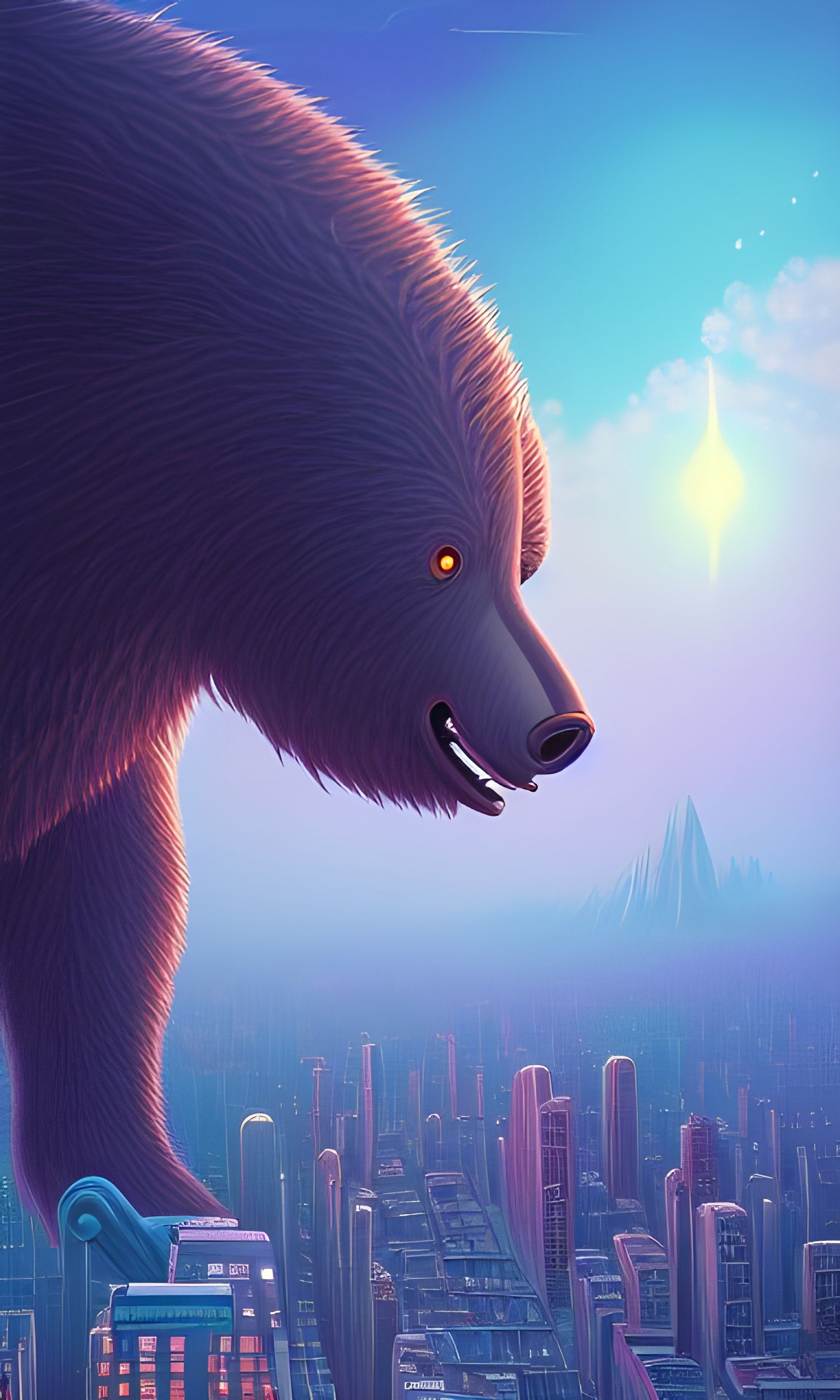 Cybernetic Bear God Over Metropolis, Digital Art