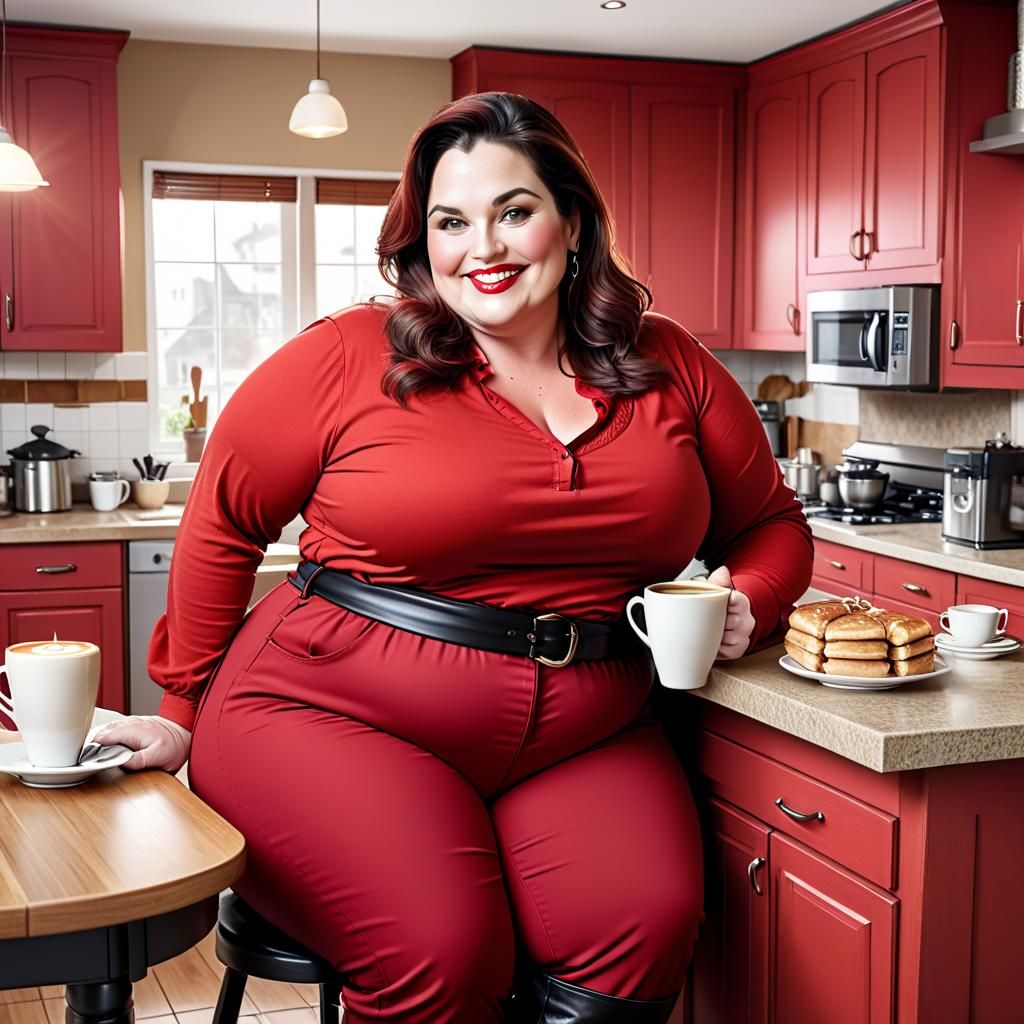 Beautiful Woman Drinking Coffee in Elaborate Kitchen