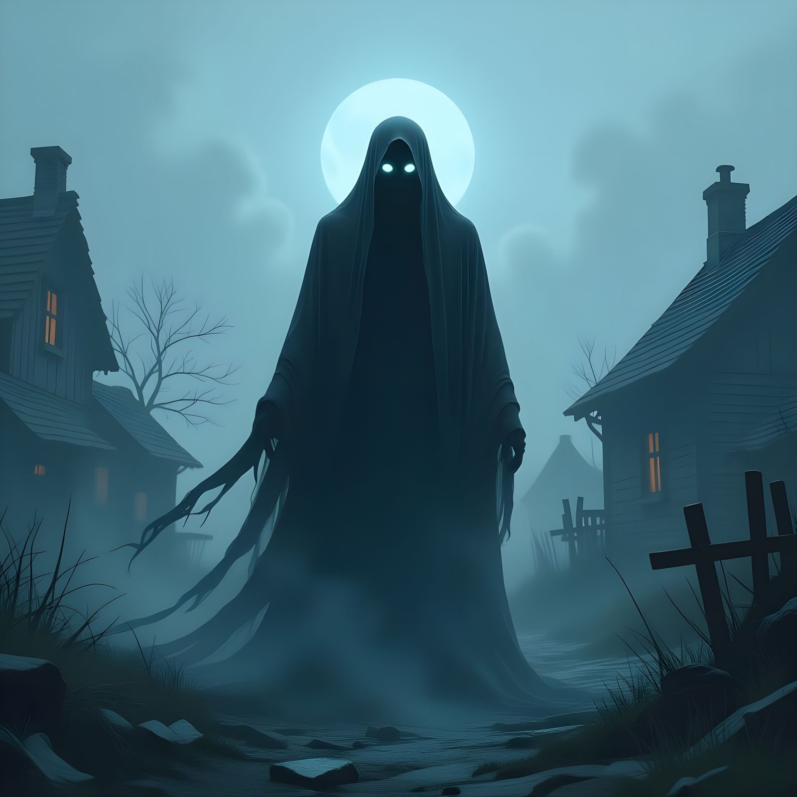 Ethereal Silhouette Haunts Ghostly Village