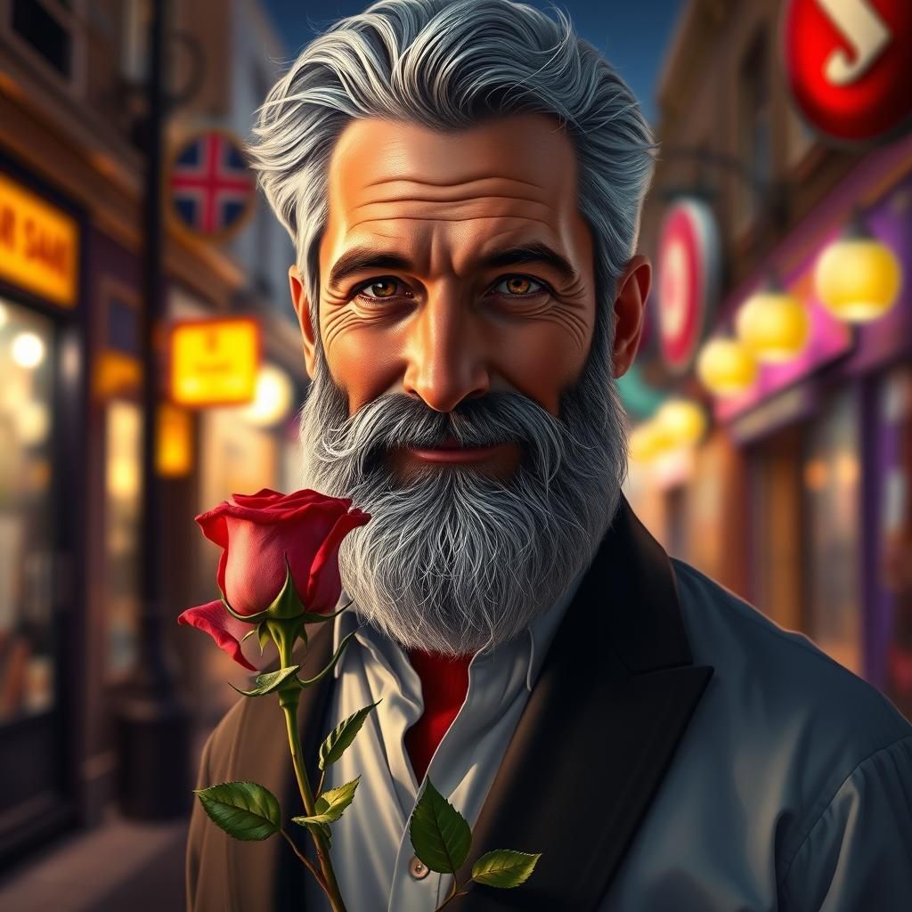 A man with gray hair, brown eyes, a beautiful smile, a three...