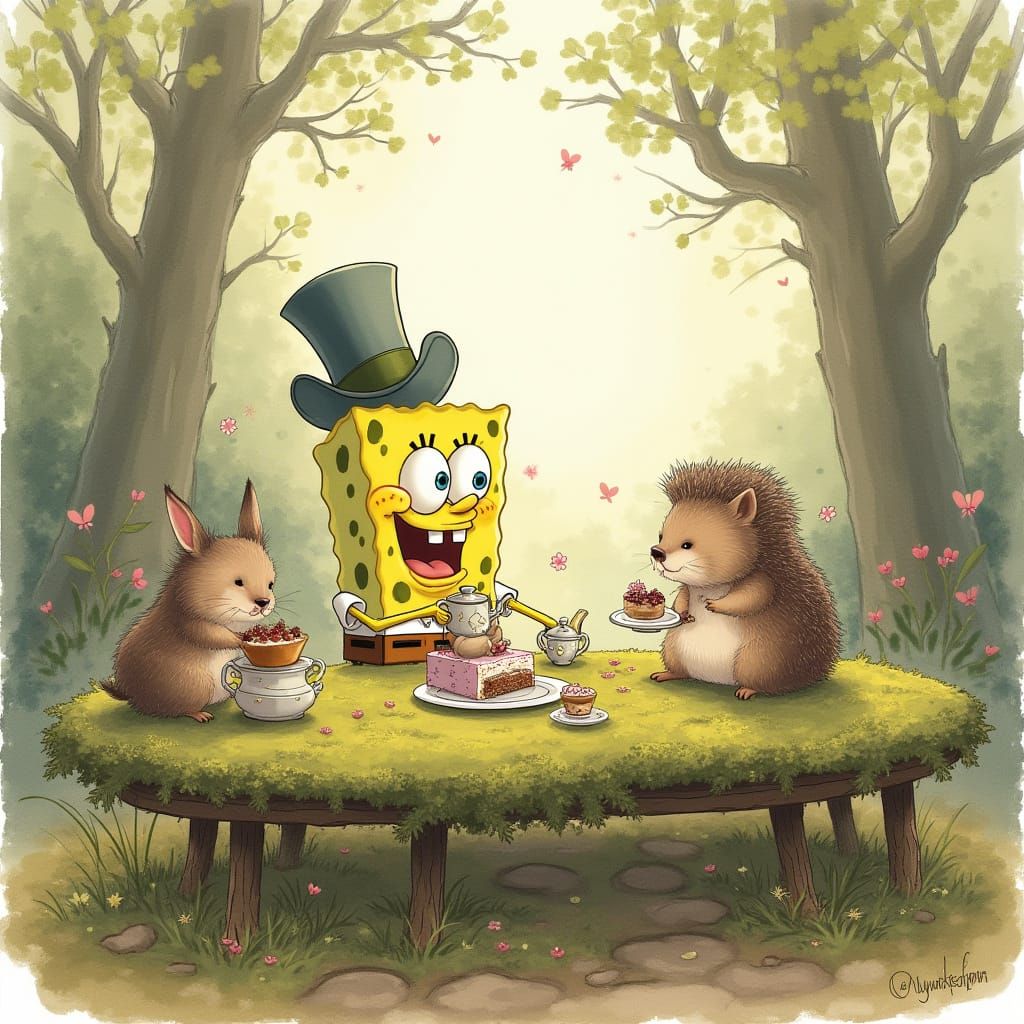 Woodland Tea Party with Spongebob, Fairytale Illustration