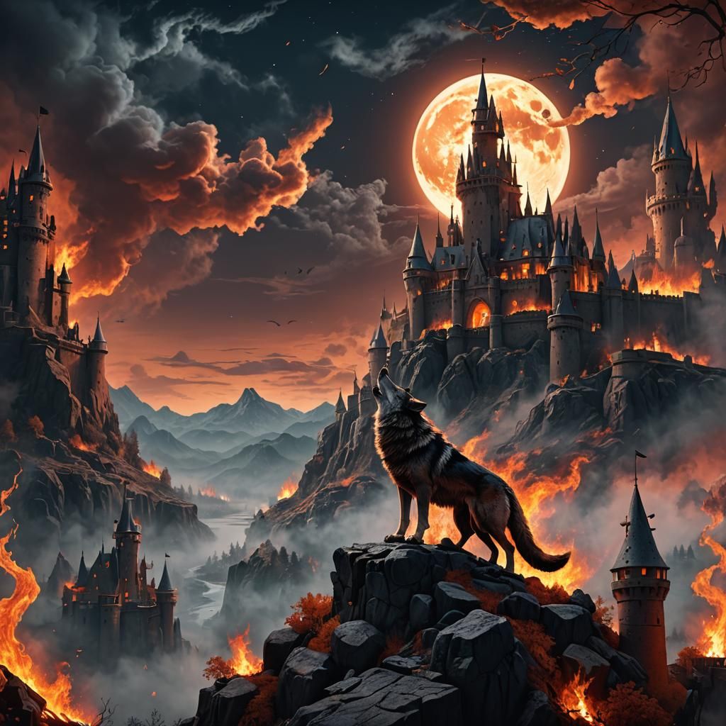 Wolf Howling at Moonlit Castle Ablaze