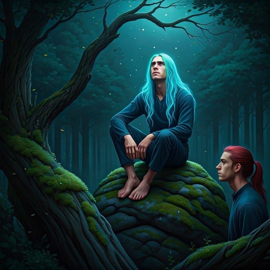 Surreal Men Under Cosmic Tree in Dreamlike Landscape