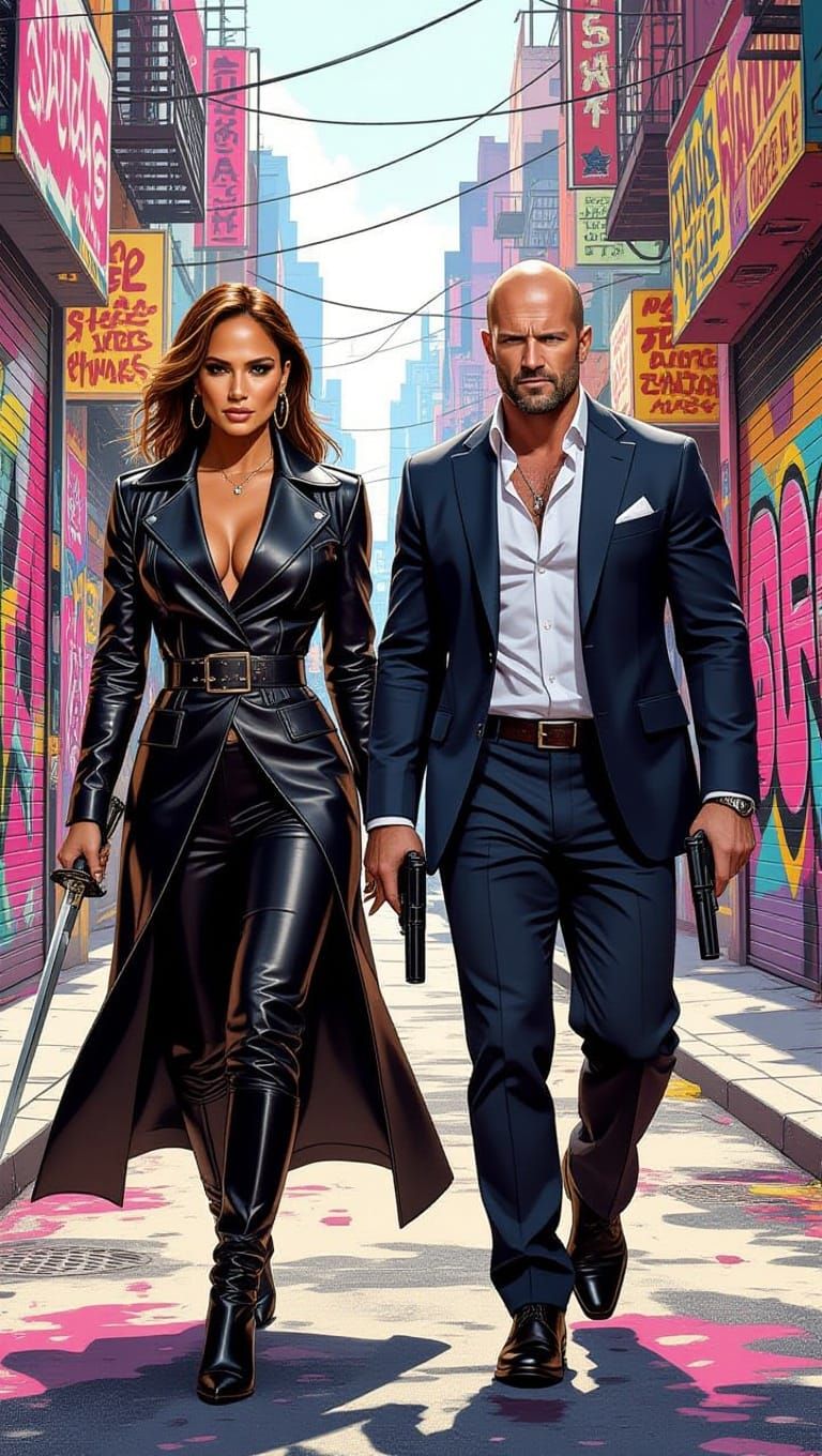 Lopez and Statham in Graffiti Street Scene