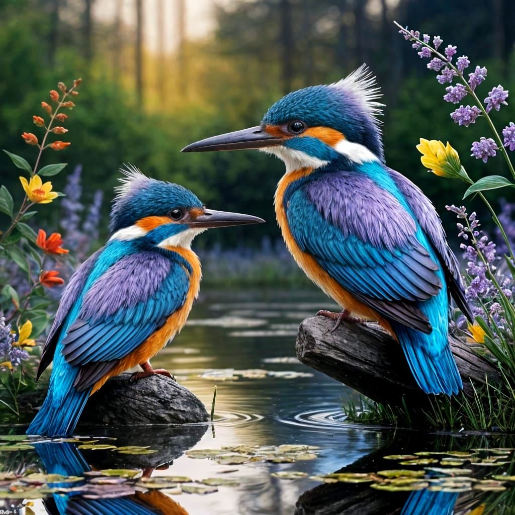 Vibrant Kingfishers in a Digital Forest Oasis