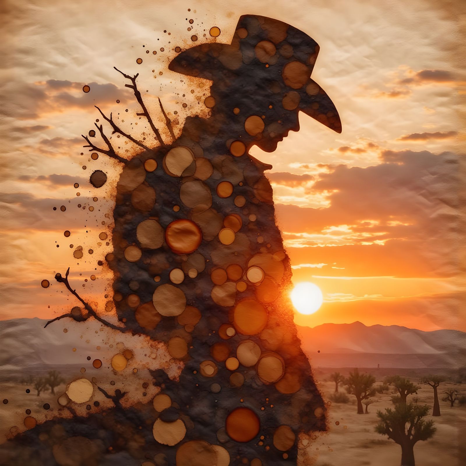 Cowboy Double Exposure Sunset in Coffee Stain Style
