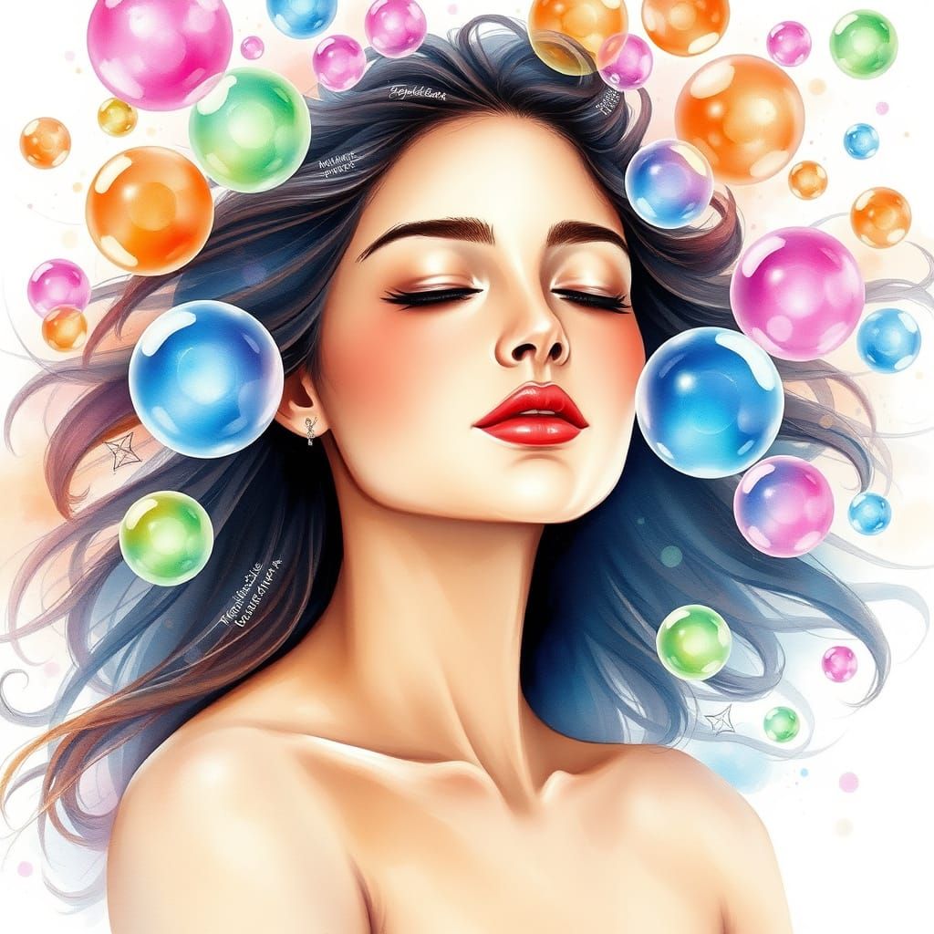 Dreamy Woman Portrait with Luminous Bubbles, Watercolor Styl...