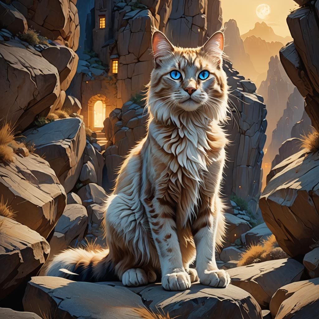 Majestic Blue-Eyed Cat Leaping into Moonlight