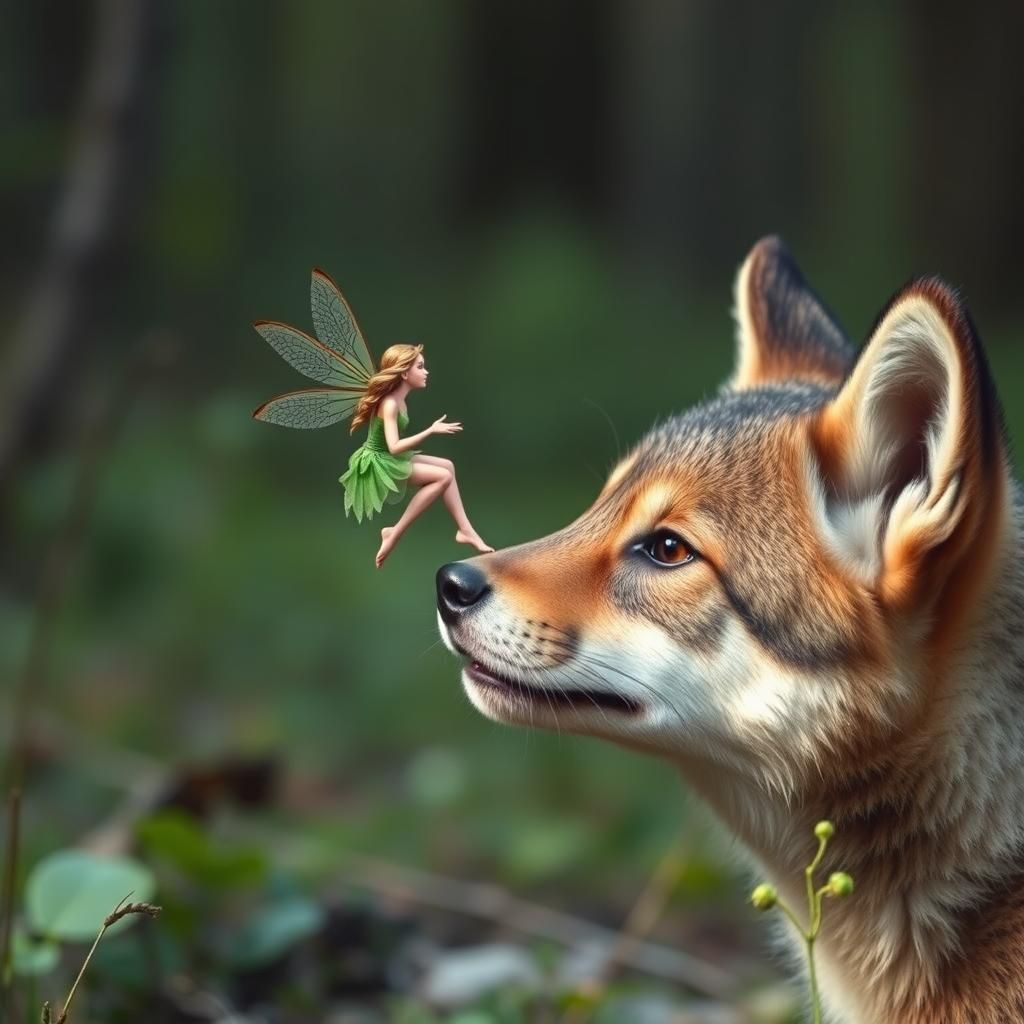 Faerie and Wolf Pup in Forest Glade